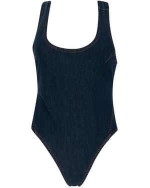 Circular Path Scoop Neck Criss Cross Bodysuit Top-Swimsuit - Blue
