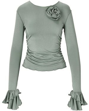 Mandragora Viscose Longsleeve With Ruffles And A Decorative Rose – Rosalie Khaki - Green
