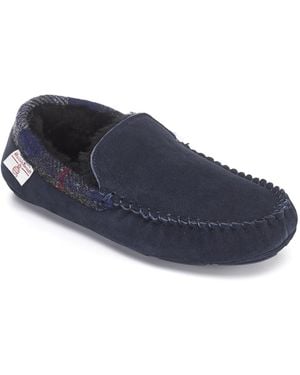 Bedroom Athletics Hanks- Suede Moccasin Slippers With Harris Tweed - Blue