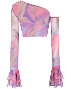 No'design Sheer Crop Top With Ruffled Sleeves - Pink