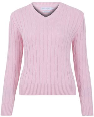 Paul James Knitwear Cotton Talulah Cable V Neck Jumper - Pink