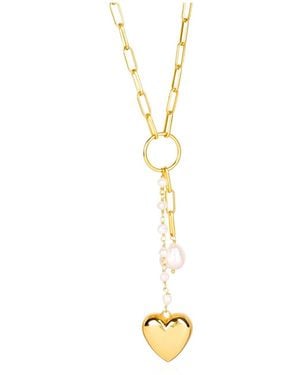 Lila Rasa Paperclip Pearl & Heart Drop Necklace - Metallic