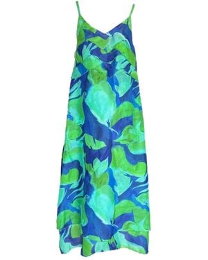 Haris Cotton Printed Linen Blend Strapped Dress With Frills - Blue