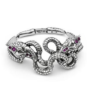 Unaloe Sterling Double Snake Bracelet With Natural Rubies – Italian Serpent Jewelry, Luxury Statement Bracelet For - Metallic