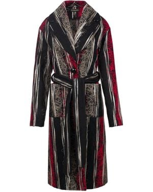 Conquista Multicoloured Long Wool Blend Jacquard Style Coat With Belt - Black