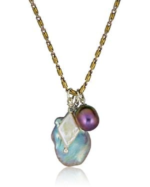 Cartography Confluence: Trio Of Pearls On Vintage Brass Chain - Metallic