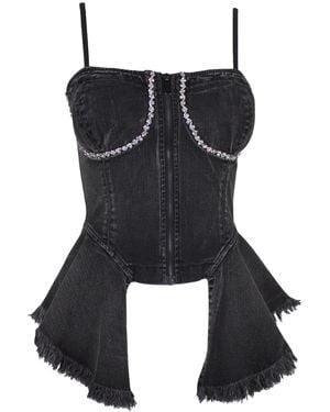 Lalipop Design Hand Stitched Crystal Embellished Denim Corset Top With Ruffles - Black