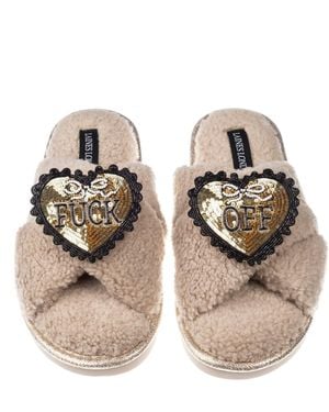 Laines London Neutrals Neutral Boucle Slippers With & Fuck Off Brooches - Natural