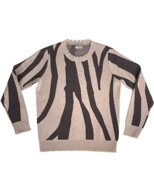 Zenzee Neutrals Cashmere Wool Zebra Print Crewneck Sweater - Brown