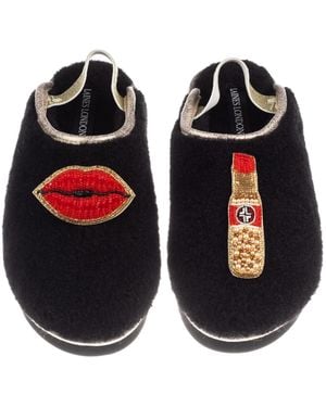 Laines London Flatform Cloud Closed Toe Slippers With Lips & Lipstick Brooches - Black