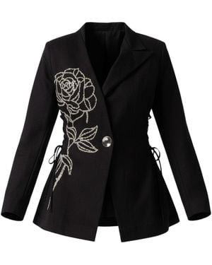 IZABELA MANDOIU Denim Blazer With Rose Embroidery - Black