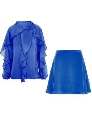 BLUZAT Ruffle Two-Piece Set With Tie-Neck Blouse - Blue