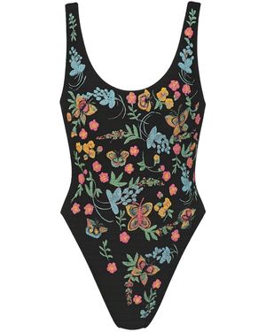 Oceanus Alabama Floral Hand Embroidered One Piece Swimsuit - Black