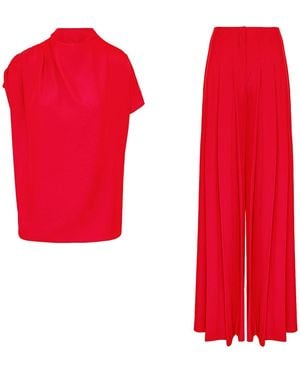 BLUZAT Draped Top And Pleated Pants Set - Red