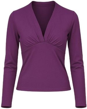 Conquista Viscose Elastane Jersey Top – Long Sleeve, Deep V-Neck - Purple