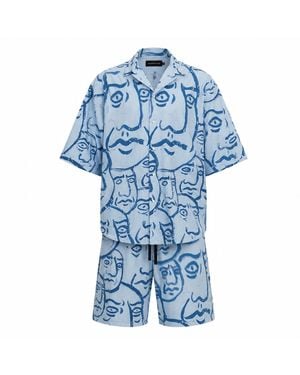 mysimplicated Short Sleeve Shirt And Bermuda Set With Faces Design - Blue