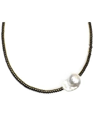 Rachel Nathan Neutrals Mini Beaded: Pyrite & Baroque Pearl Necklace - Metallic