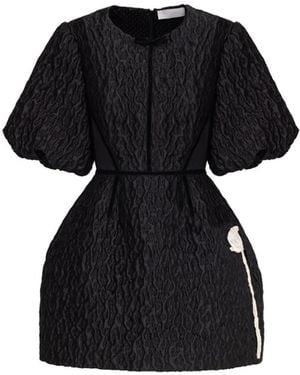 Georgette Textured Mini Dress With Puff Sleeves - Black