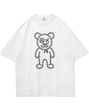 X Ilona Blue Graffiti Daddy Bear Organic Cotton Chain Link Embroidery Tee - White