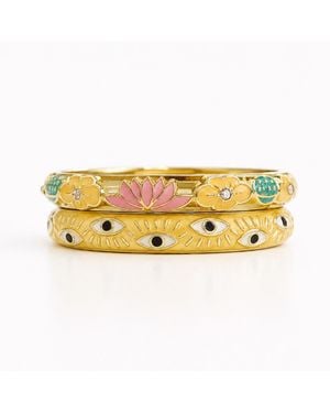 Nuvv Collection Golden Lotus & Evil Eye Enamel Bangle Set - Yellow
