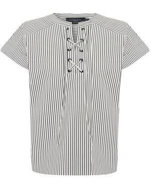 Exquise Relaxed Striped Eyelet Lace-Up Blouse - Grey