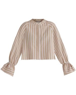 Paisie Neutrals Ruffle Round Neck Blouse With Cinch Wrist Detail - Natural