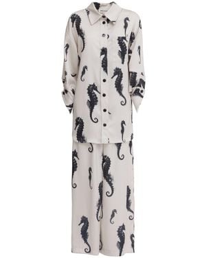 Julia Allert Seahorse Print Oversized Shirt & Paperbag Palazzo Set – Ivory - Gray