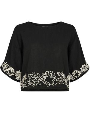 Raffya Milly Embroidered Split Open Back Blouse - Black