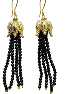 Farra Obsidian Beaded Tassel Earrings - Black