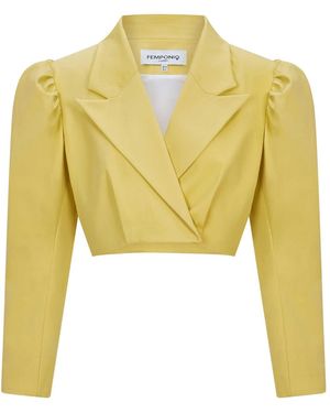 Femponiq Puff Shoulder Cropped Cotton Blazer - Yellow