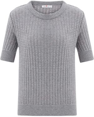 Peraluna Cashmere Blend O-Neck Short Sleeve 3D Vertical Striped Knitwear Blouse - Gray