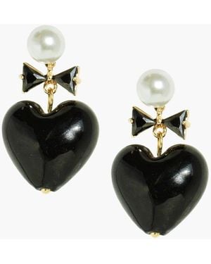 I'MMANY LONDON Whisper Of Heart Glass Heart Drop Earrings With Pearl Studs And Crystal Bow, Opaque - Black