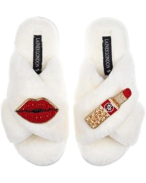 Laines London Classic Laines Slippers With Lipstick & Lips Brooches - White