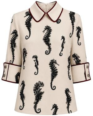 Julia Allert Neutrals Ivory Seahorse Print Blouse With Cuffs – Capsule Edition - Natural