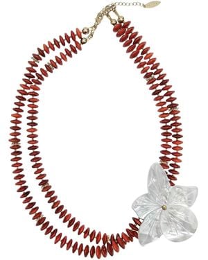 Farra Elegant Bamboo Coral With Flower Shell Double Layers Necklace - Red