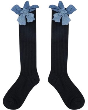 HIGH HEEL JUNGLE by KATHRYN EISMAN Denim Flower Tall Socks - Blue