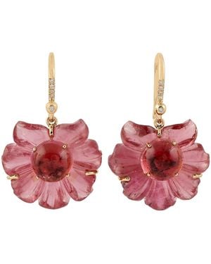 Artisan 18K Carved Tourmaline & Diamond Floral Earrings - Red