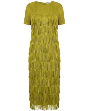 Cy Boutique Pleated Midi Dress With Multi Layer Fringed Tassel Design - Green