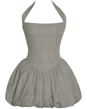 Miss Circle New York Neutrals Dacia Plaid Halter Lace-Up Bubble Mini Dress - Grey