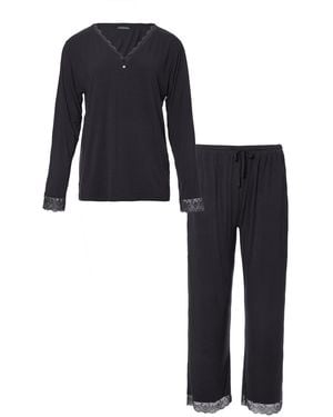 Pretty You London Bamboo Lace V-Neck Pyjama Set - Black
