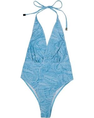 lords of harlech Xena Crochet Paisley Halter One-Piece Swimsuit - Blue