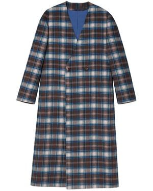 Éclectique Plaid Collarless Long Coat - Blue