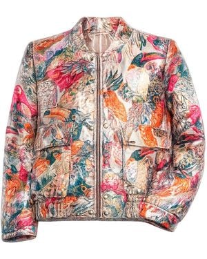 Tantra Spain Sl Printed Brocade Jacket With Gathered Waist, Clip Closure, And Front Flap Pockets