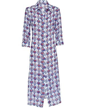 N'Onat Boho Casual Button Down Shirt Dress With Evil-Eye Charm - Blue