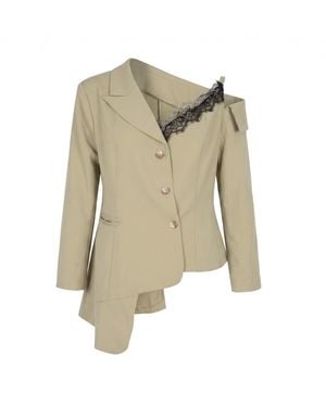 Modenaire Neutrals Asymmetric One Shoulder Tailored Blazer Jacket - Green