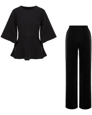 concept A trois Set: Peplum Top And Wide Leg Pants With Pockets - Black