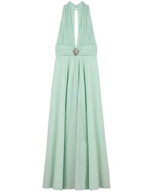 Nocturne Mint Pleated Halterneck Maxi Dress With Brooch Detail - Green