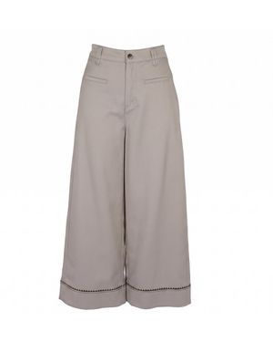 Modenaire Neutrals High Waist Wide Leg Pants With Embroidered Hem And Patch Pockets - Gray