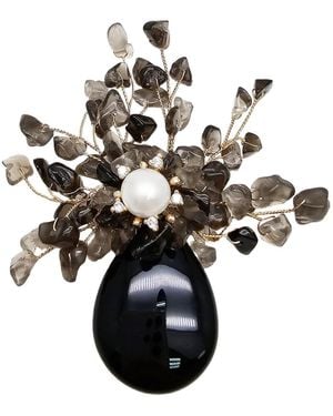Farra Elegant Rutilated Quartz Floral Brooch - Black