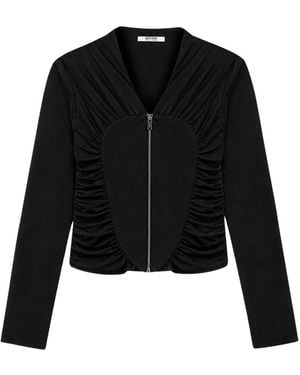 Nocturne Ruffle Trim Zip Front Blouse - Black